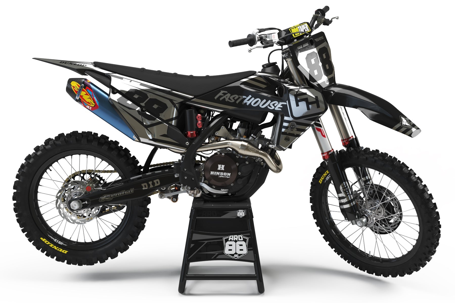 Full custom MX graphics kit in chrome finish fitted to a Husqvarna motocross bike
