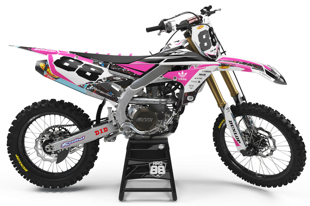 Yamaha Pink Splash graphics kit on a Yamaha YZ motocross bike