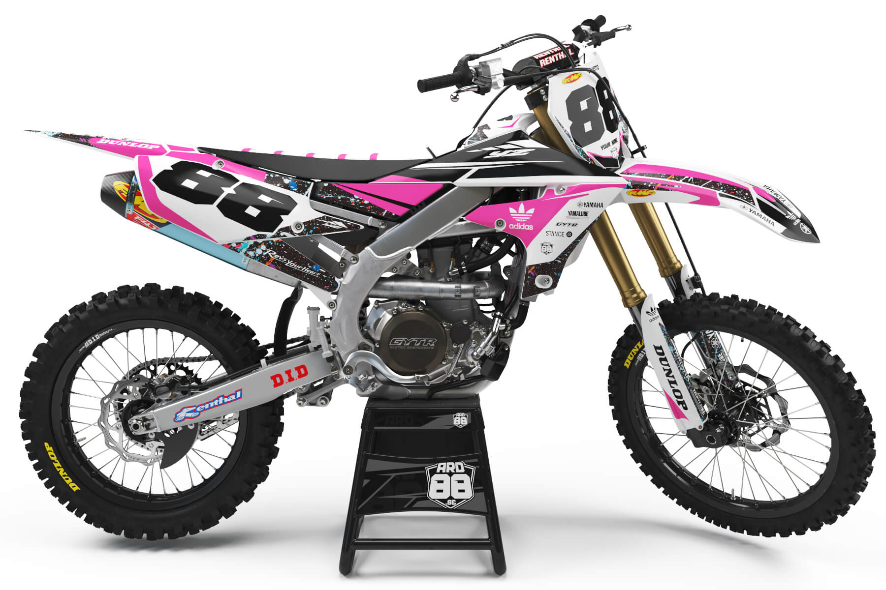 Yamaha Pink Splash graphics kit on a Yamaha YZ motocross bike
