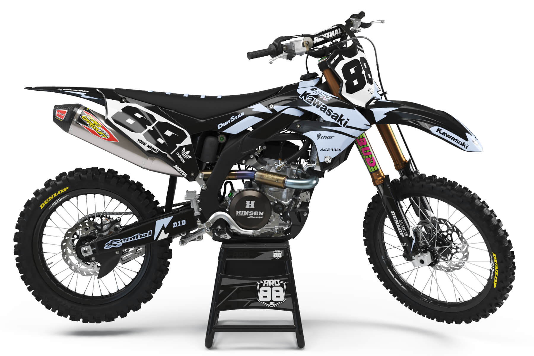 Kawasaki Align race graphics kit on a Kawasaki KX motocross bike