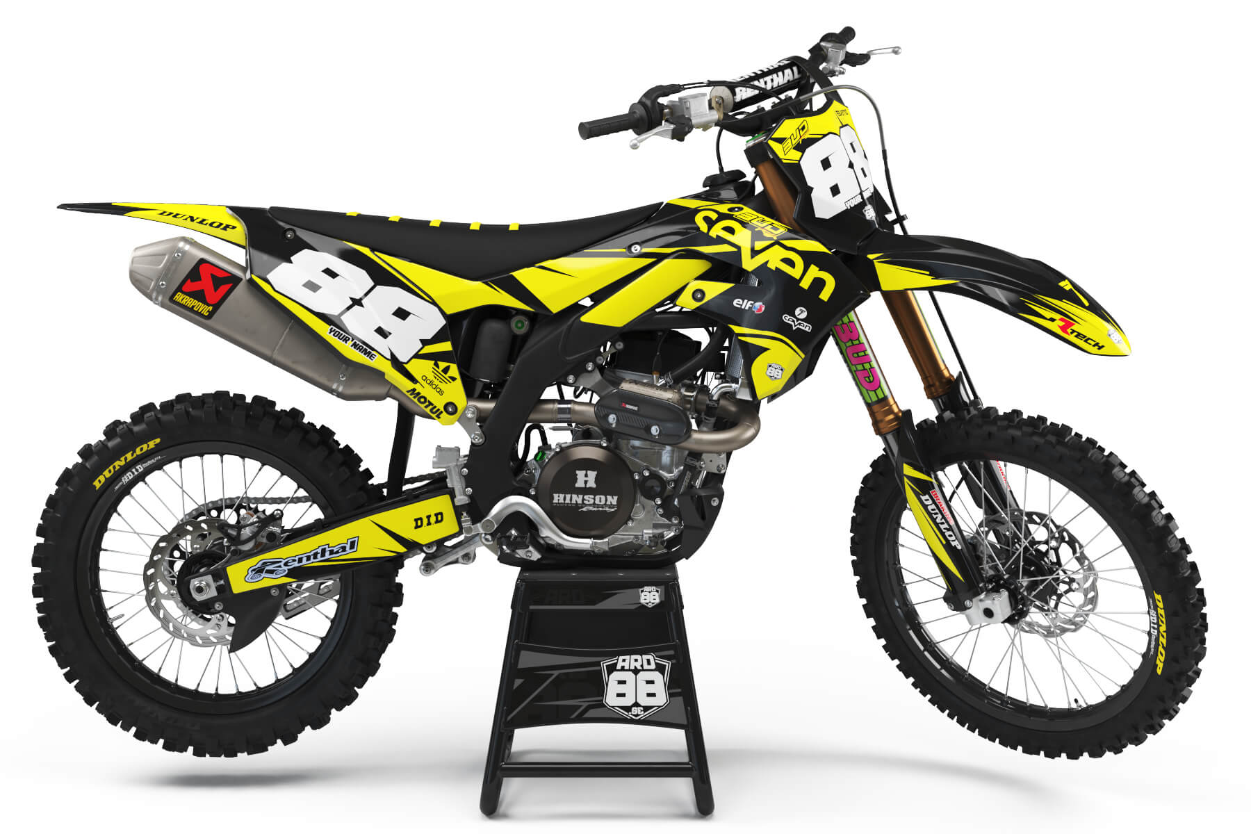 Kawasaki Seven Sins graphics kit on a Kawasaki KX motocross bike