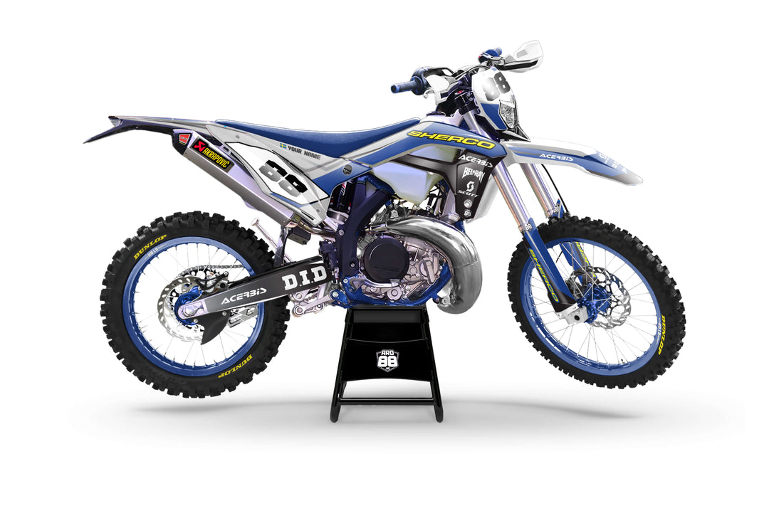 Sherco Silver Edge graphics kit in blue and grey on a Sherco enduro bike