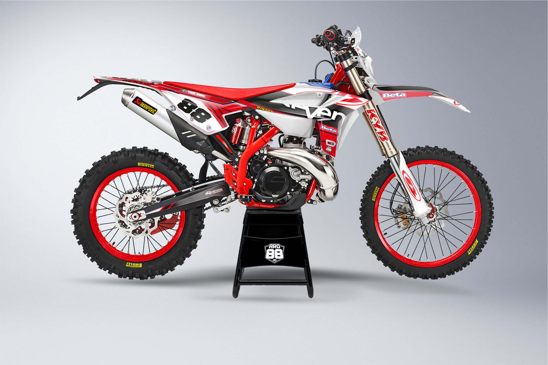 Beta Seven Black graphics kit in black and red on a Beta enduro bike