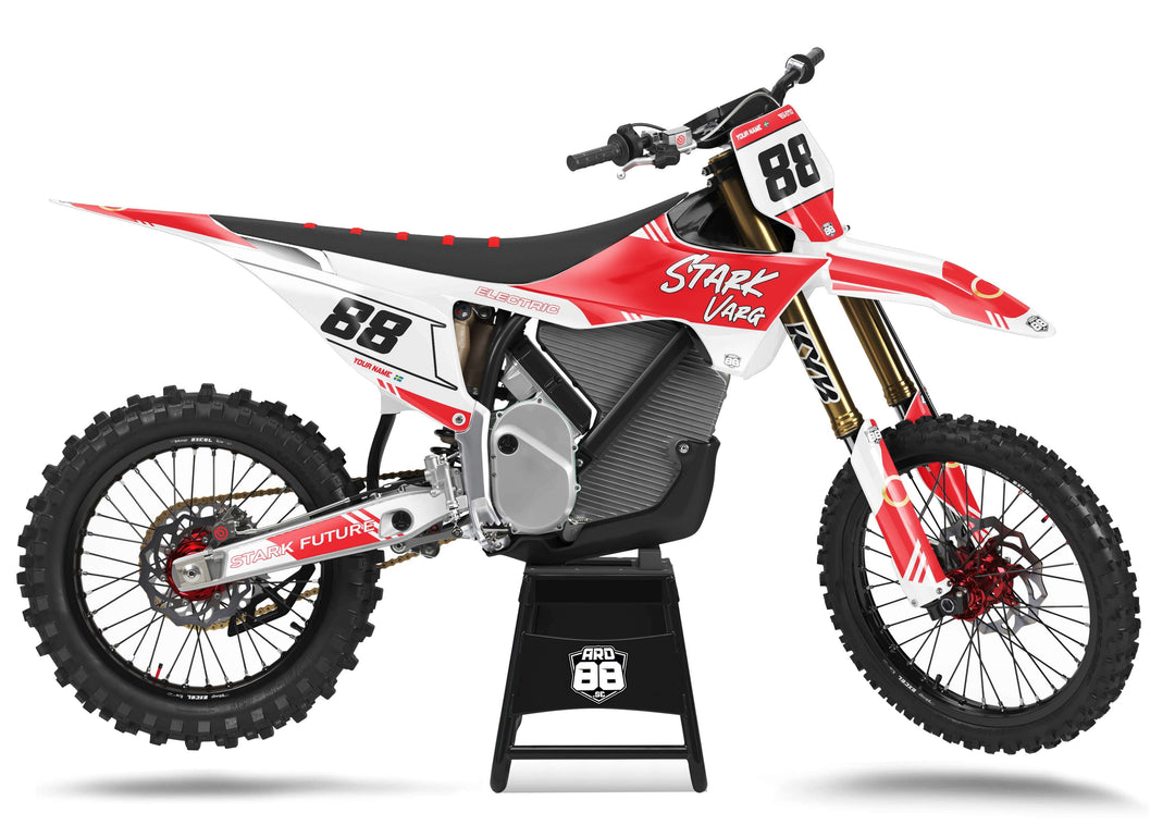 Stark Varg Blaze Edition graphics kit in red and white on a Stark Varg