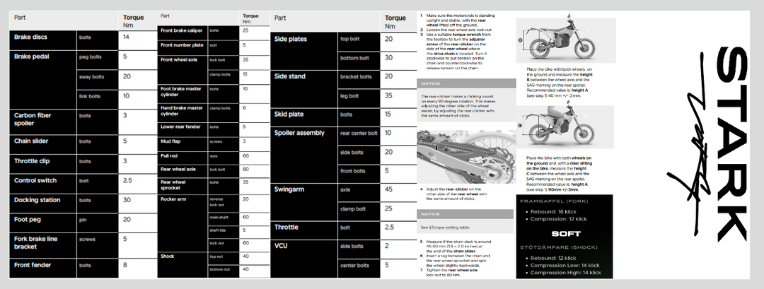 Stark Varg toolbox decal with service intervals and suspension settings